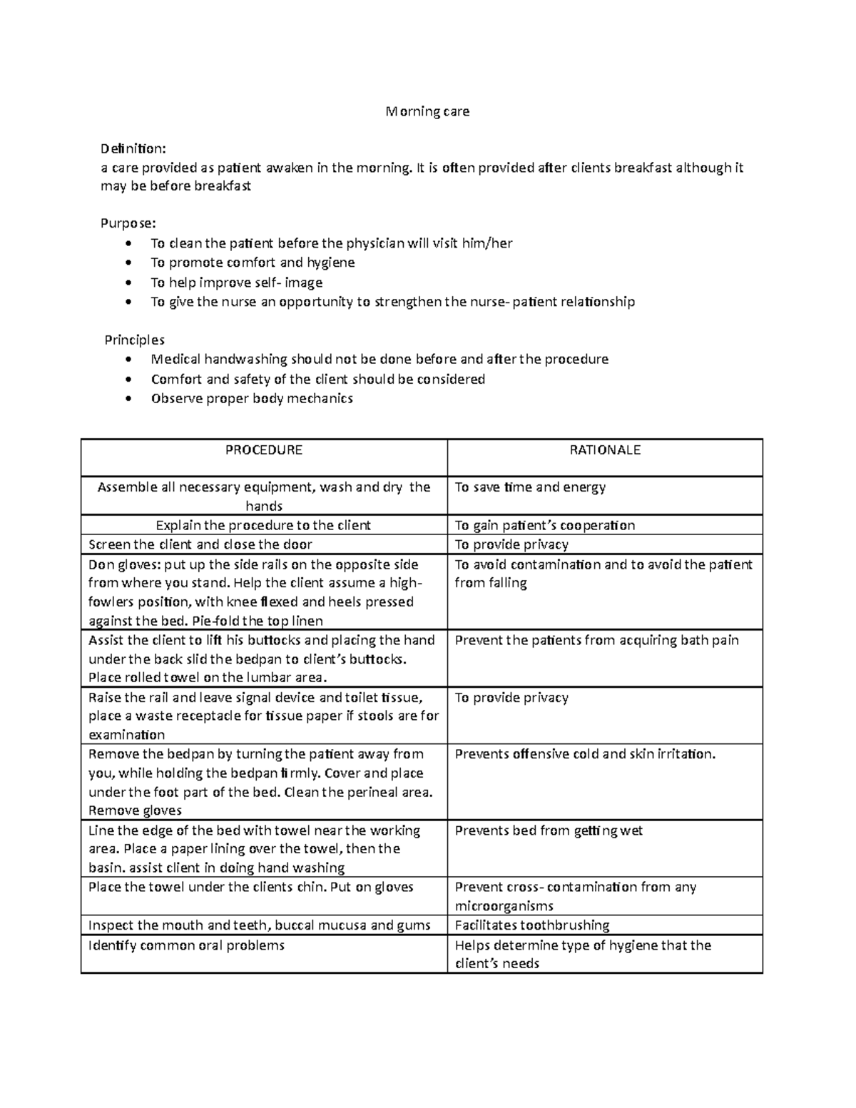 Morning Care Procedures & Bed Pan Management in Nursing - Studocu