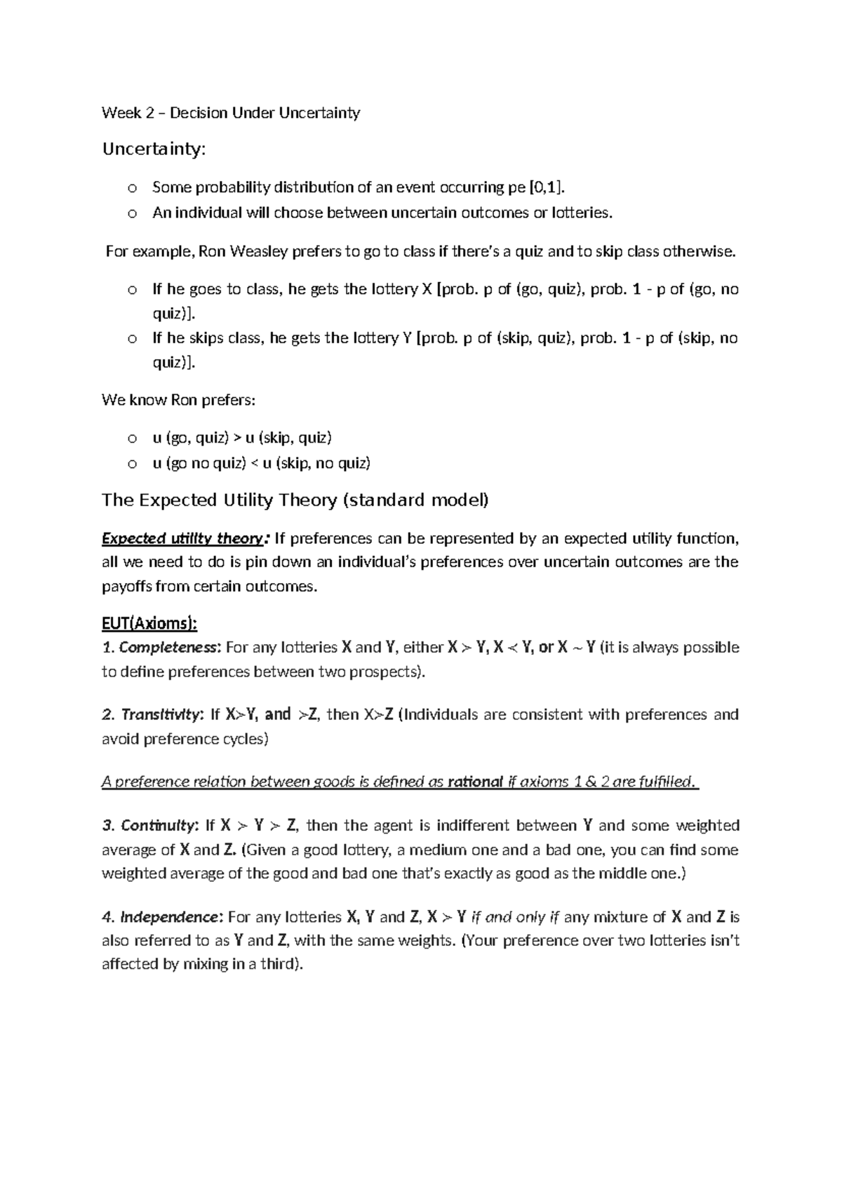 Week 2 Lecture Notes - Decision Making Under Uncertainty - Studocu