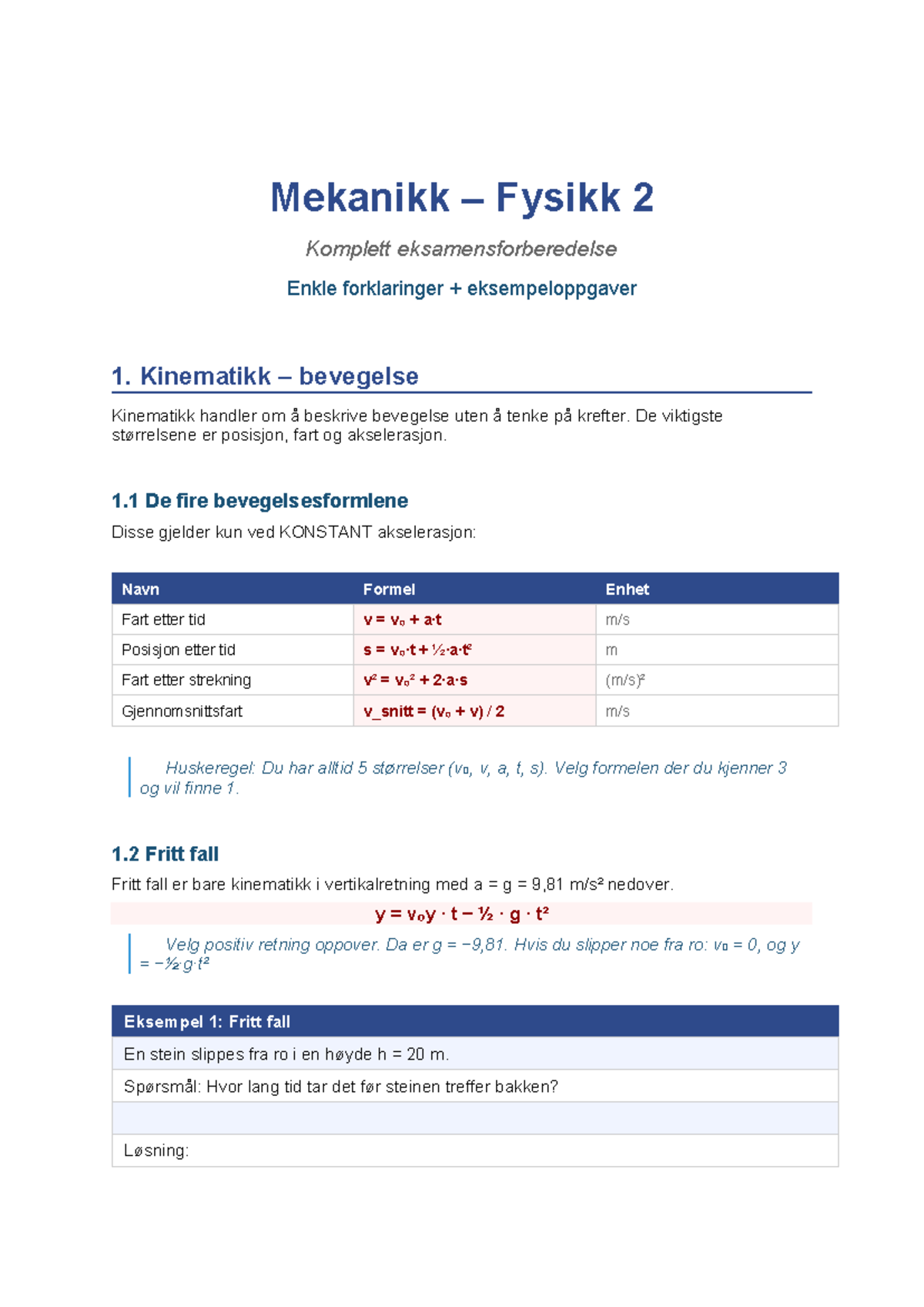 Mekanikk Fysikk 2: Komplett Eksamensforberedelse og Eksempeloppgaver ...