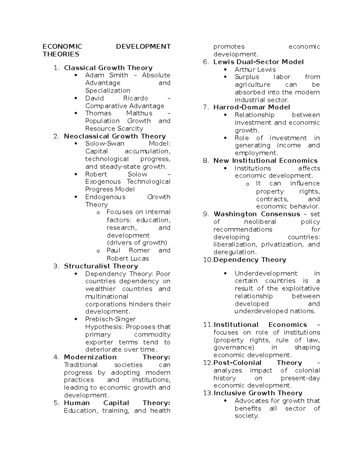 Economic Development Theories Overview - ECON 101 Notes - Studocu