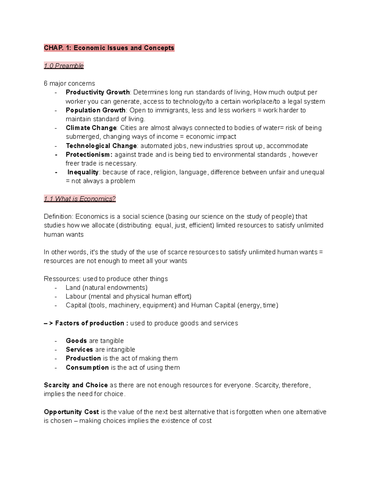ECON 201 - Comprehensive Lecture Notes on Economic Concepts and Issues ...