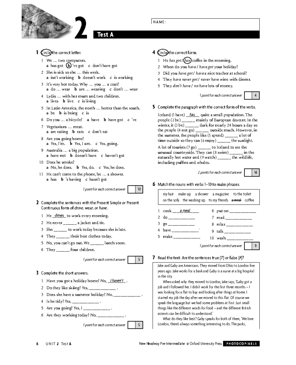 Unit 2 Test A - English Language Practice and Exercises - Studocu