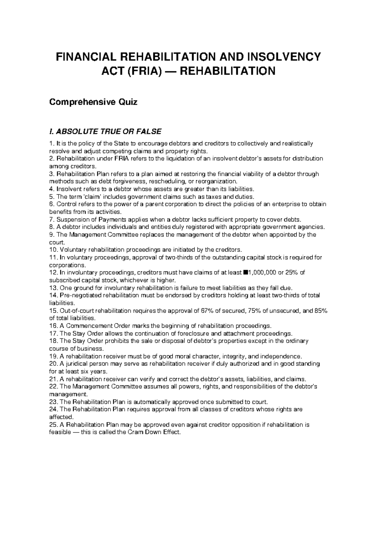 FRIA Rehabilitation Quiz I: True/False & Multiple Choice with Answers ...