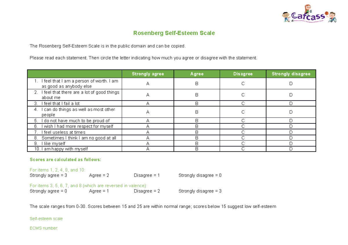 Rosenberg self esteem tool   Rosenberg Self Esteem Scale The ...