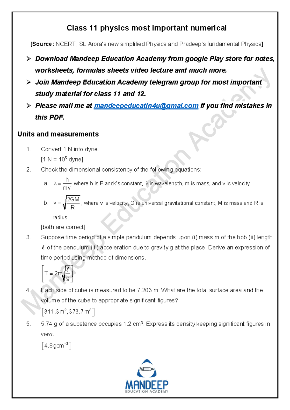 Class 11 Physics Important Numerical Problems - Part 1 - Studocu