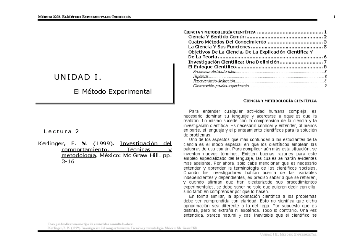 MÓDULO EL MÉTODO EXPERIMENTAL EN PSICOLOGÍA - UNIDAD I: Introducción y ...