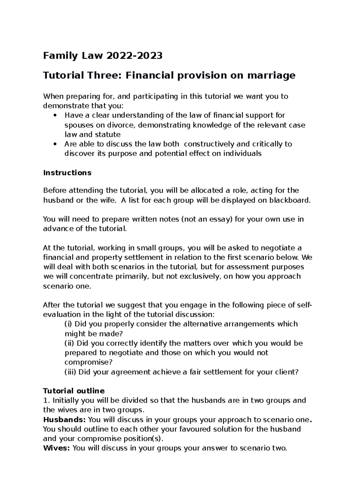 Tutorial Three - Financial Provision - Family Law 2022- Tutorial Three ...