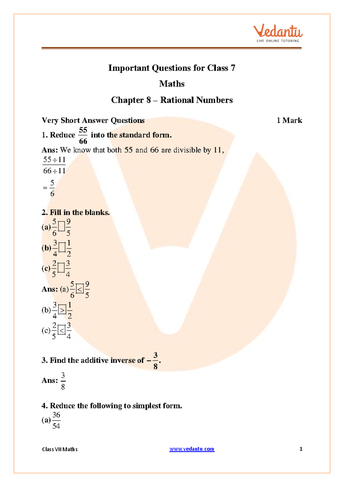 Rational Numbers Important Questions for Class 7 Maths Chapter 8 - Studocu