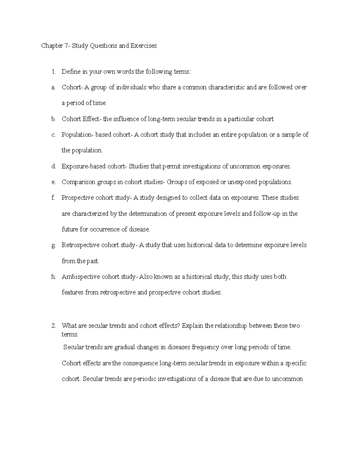 Chapter 7: Study Questions & Exercises on Cohort Studies - Studocu