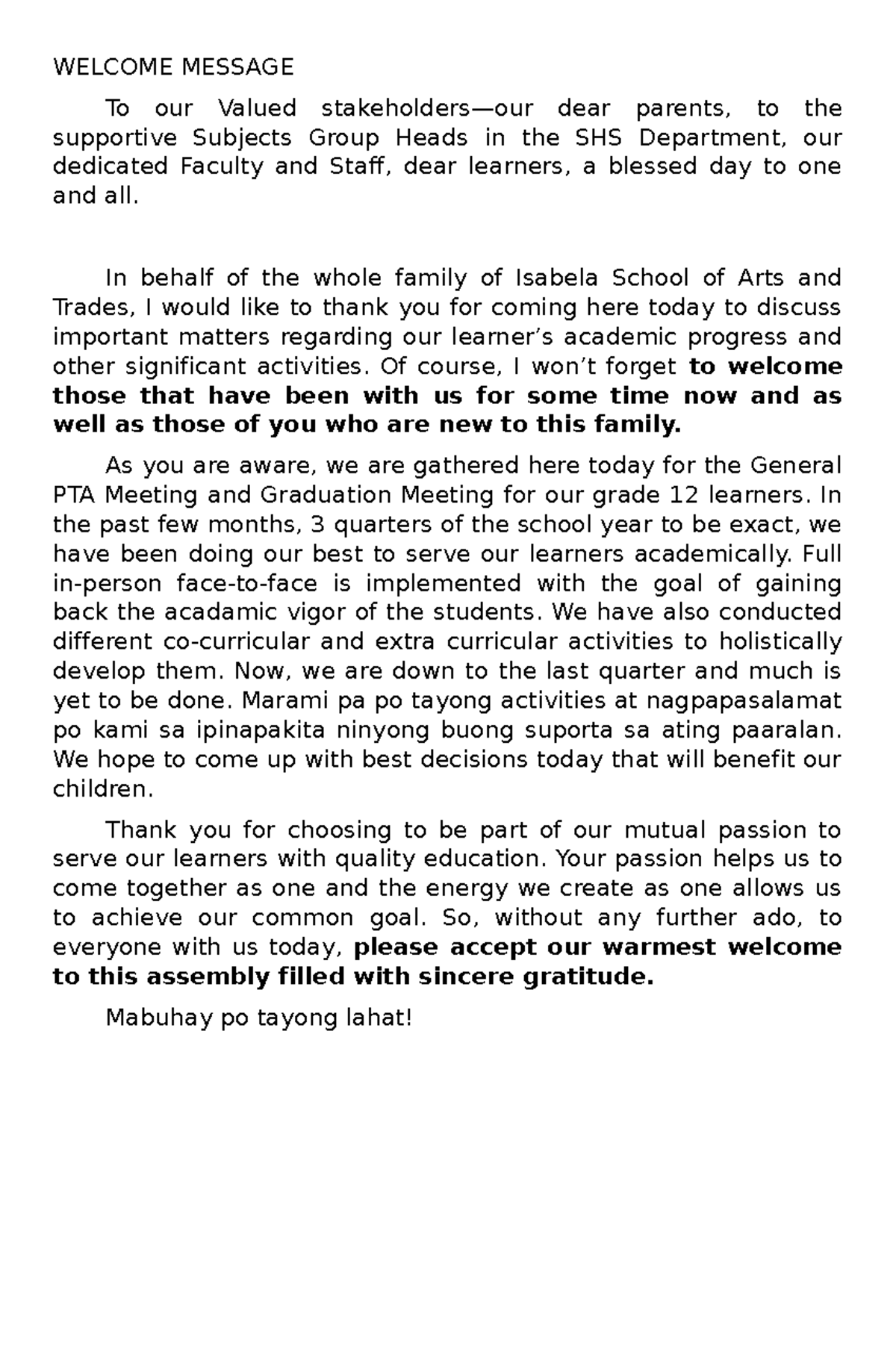 General PTA Meeting Welcome Message - Isabela School of Arts - Studocu