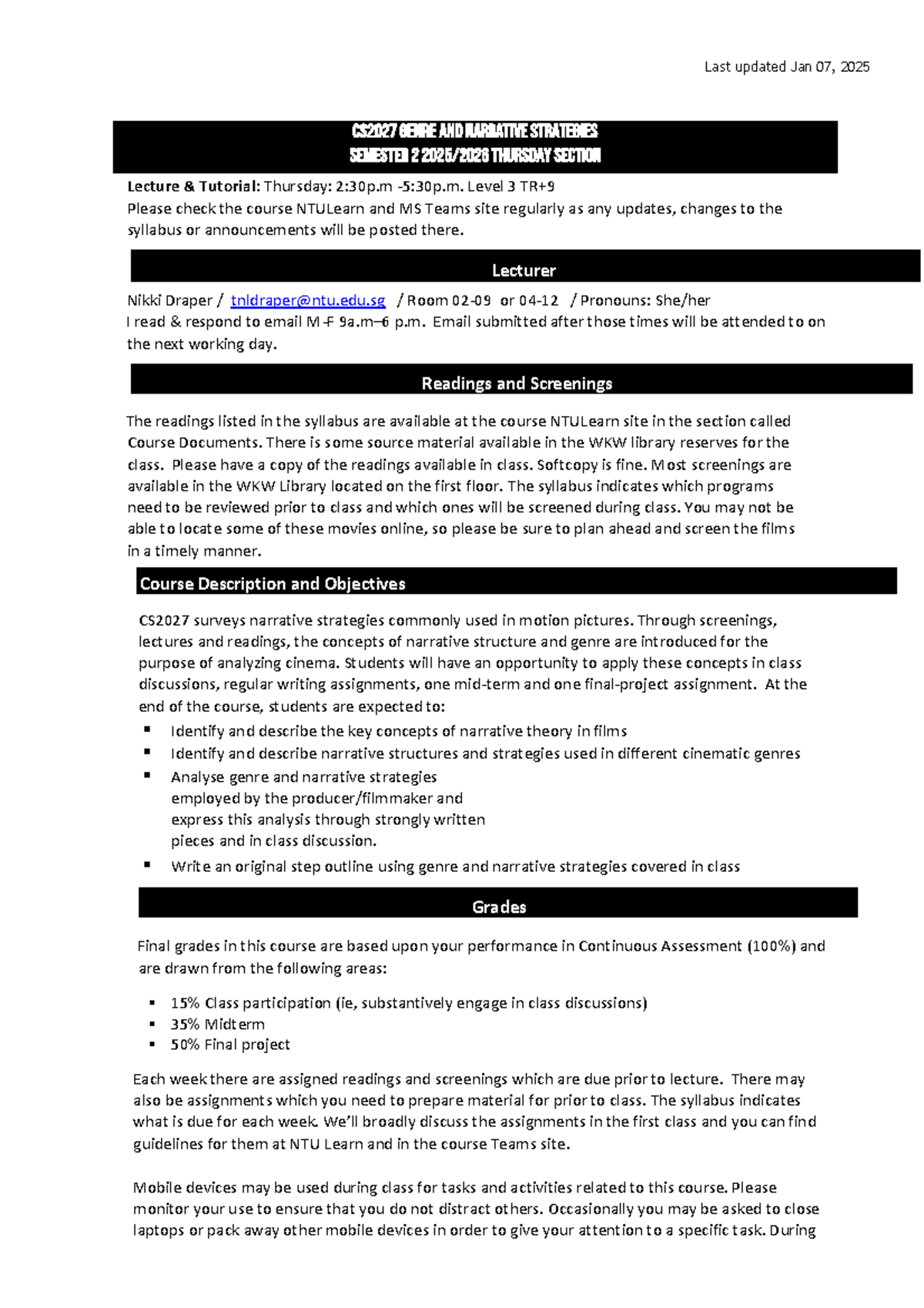 CS2027 Genre and Narrative Strategies Syllabus - Semester 2 - Studocu