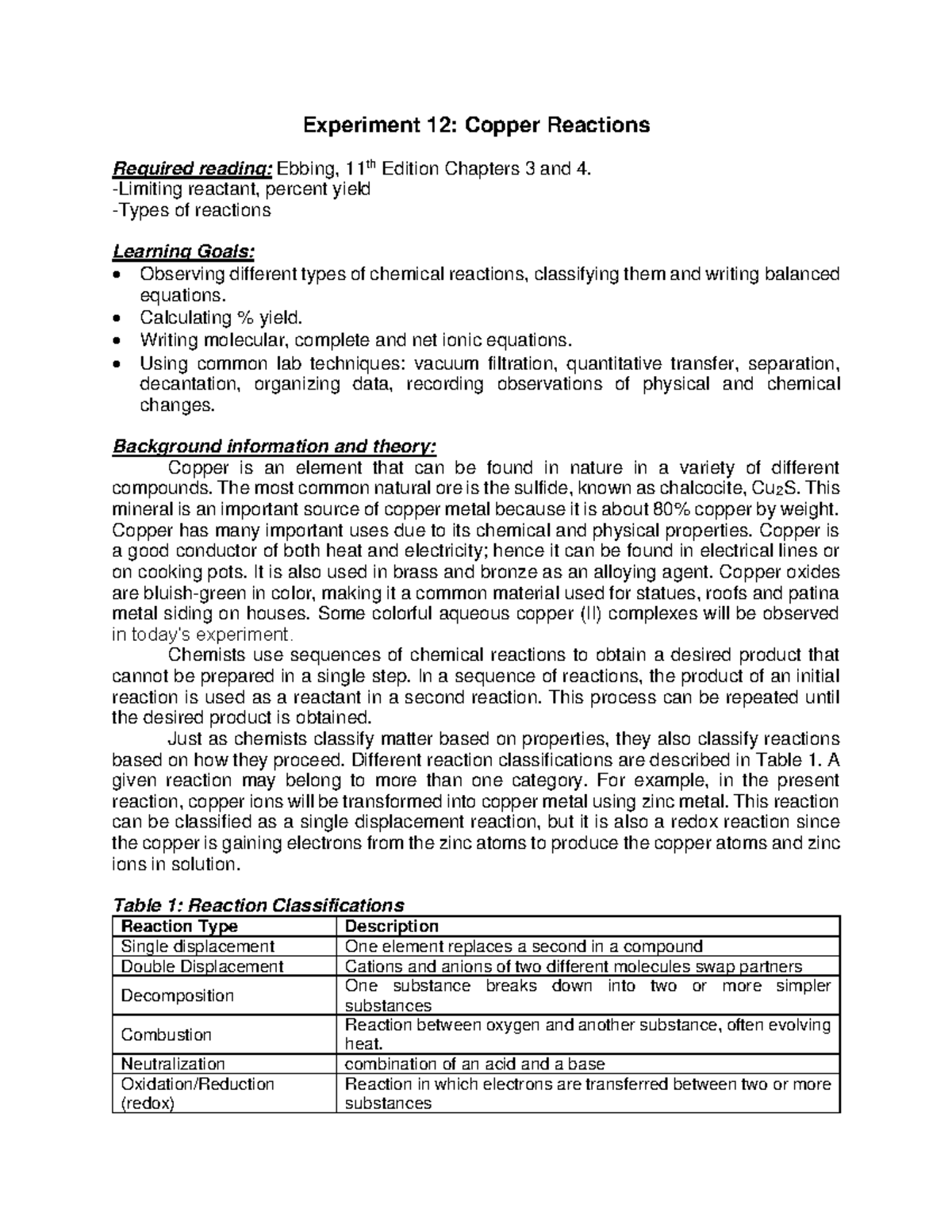 Experiment 12 - Copper Reactions and Yield Calculation Lab Report - Studocu