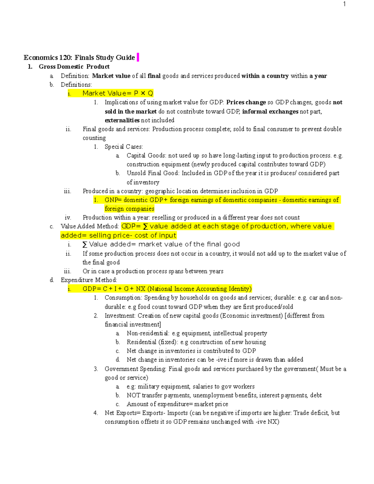 Economics 120: Comprehensive Finals Study Guide on Key Concepts - Studocu