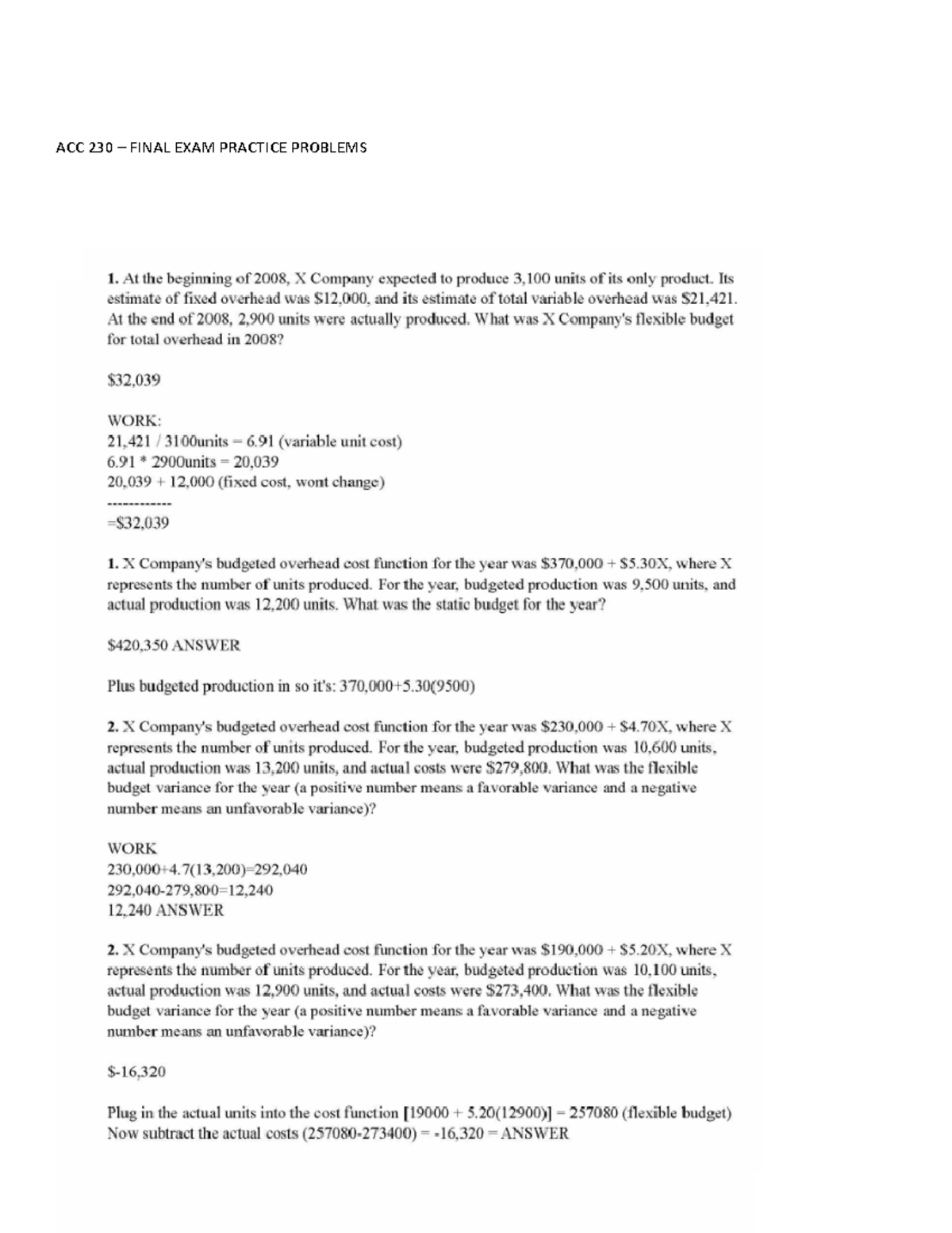 ACC230-Final Exam Practice Problems and Solutions - Studocu