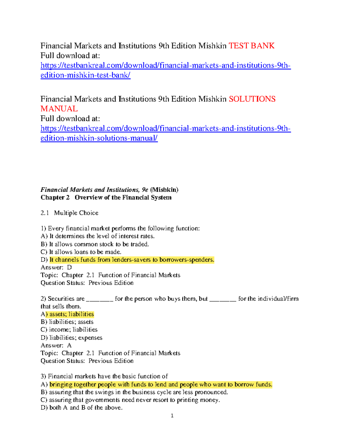 Chapter 2 - Financial Markets Overview and Practice Questions - Studocu