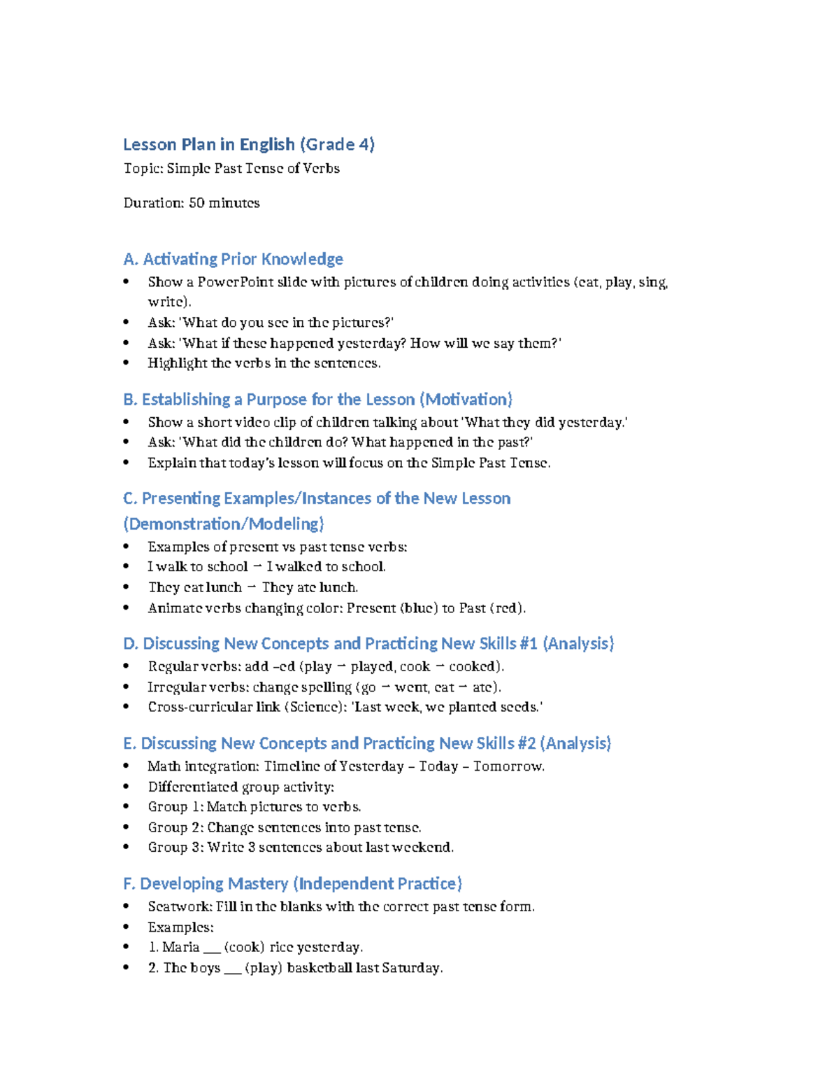 Lesson Plan: Simple Past Tense (Grade 4) - 50 Min - Studocu