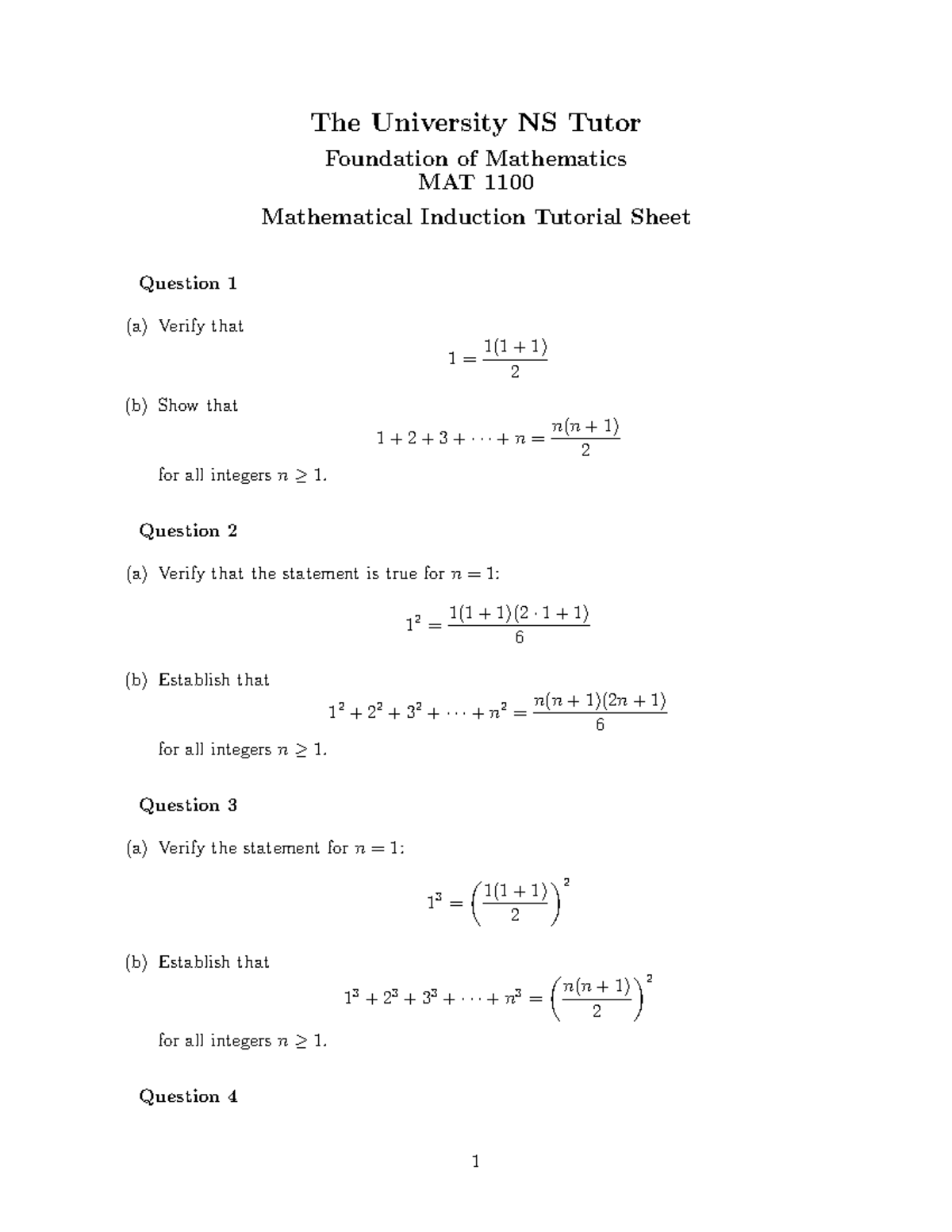 MAT 1100 Mathematical Induction Tutorial Sheet: Key Questions ...