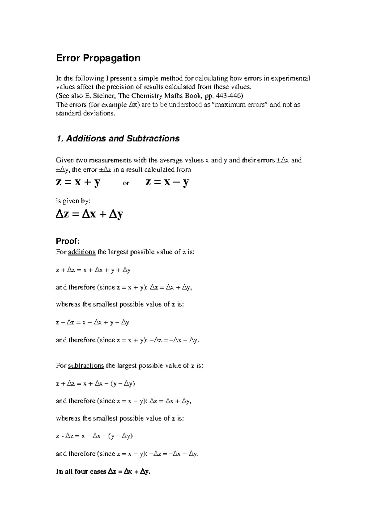 Error Propagation: Methods for Calculating Experimental Errors - Studocu