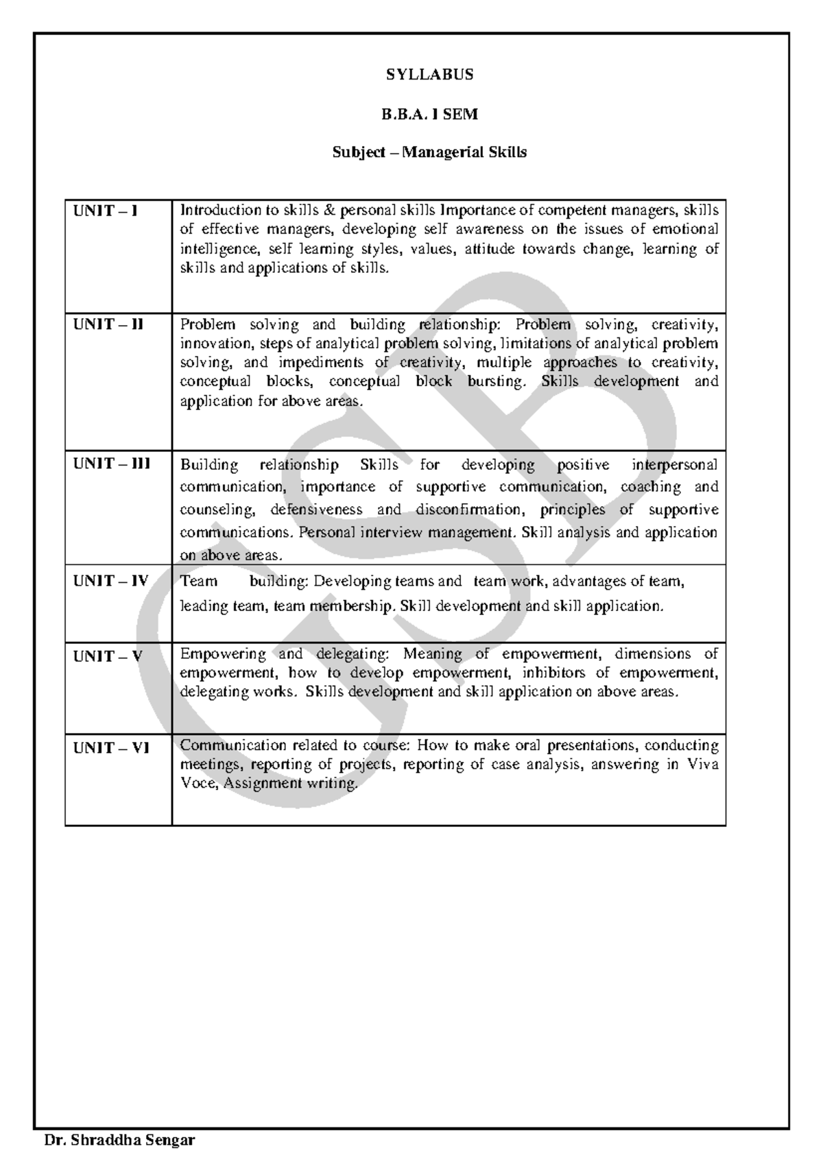 Managerial Skills Syllabus - BBA 1SEM - Dr. Shraddha Sengar - Studocu