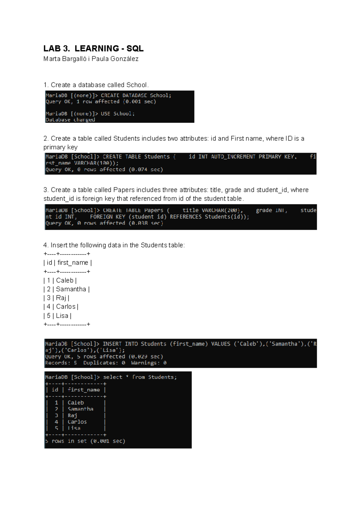LAB 3: SQL Database Creation & Queries - School Database - Studocu