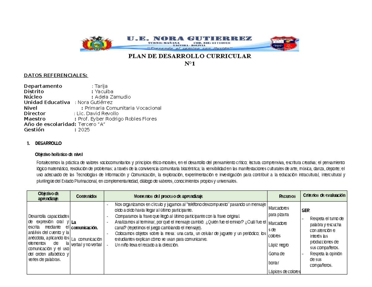PDC 1 Tercero 2026 - PLAN DE DESARROLLO CURRICULAR Y EVALUACIÓN - Studocu