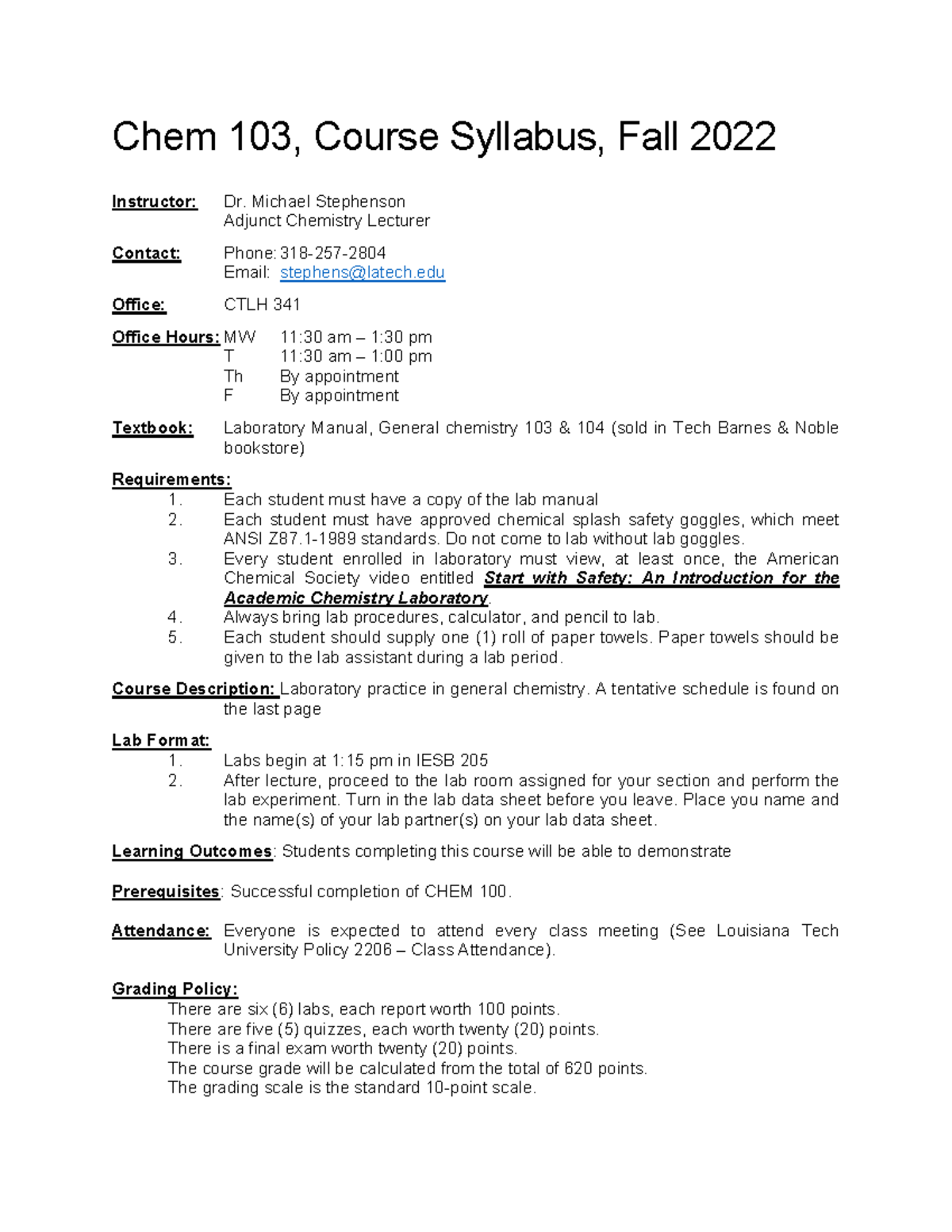 Stephenson CHEM 103 Fall 2022 Syllabus - Deprecated API usage: The SVG ...
