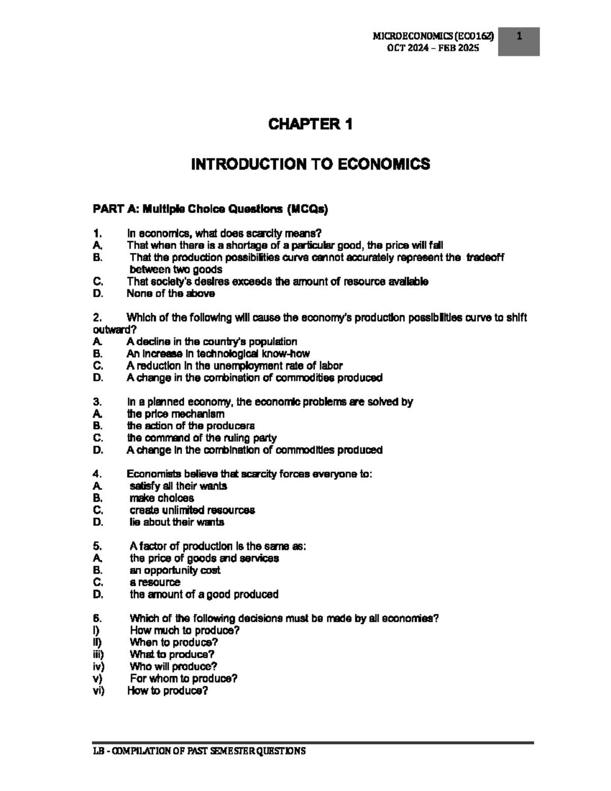 MICRONOMICS 162 - MICROECONOMICS (ECO162) 1 OCT 2024 FEB 2025 CHAPTER 1 ...