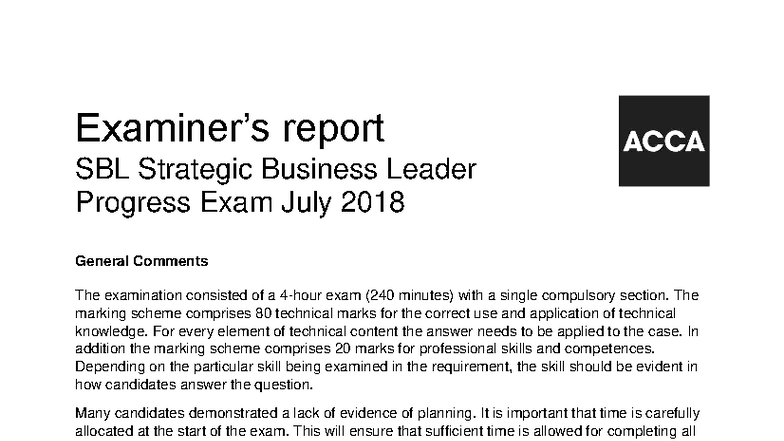 SBL Progress Exam Report - Strategic Business Leader July 2018 - Studocu