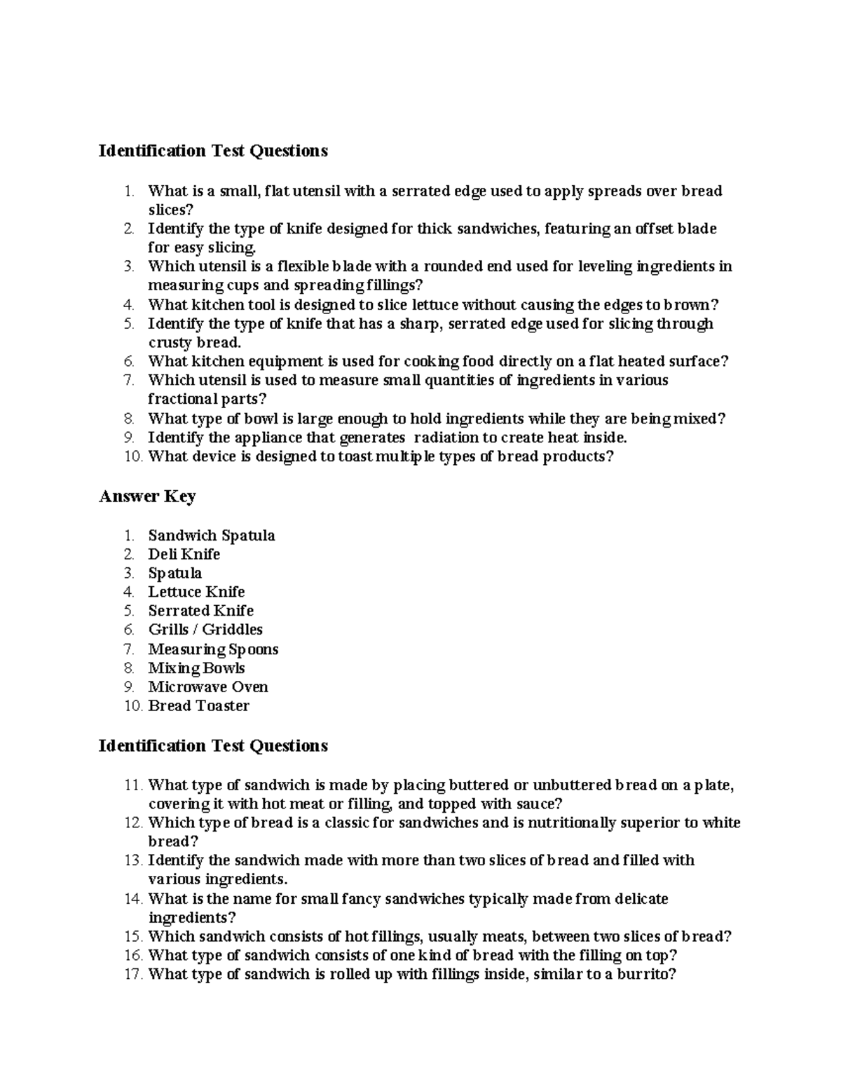 QUIZ - Sandwich Identification Questions & Answers - NONE - Studocu