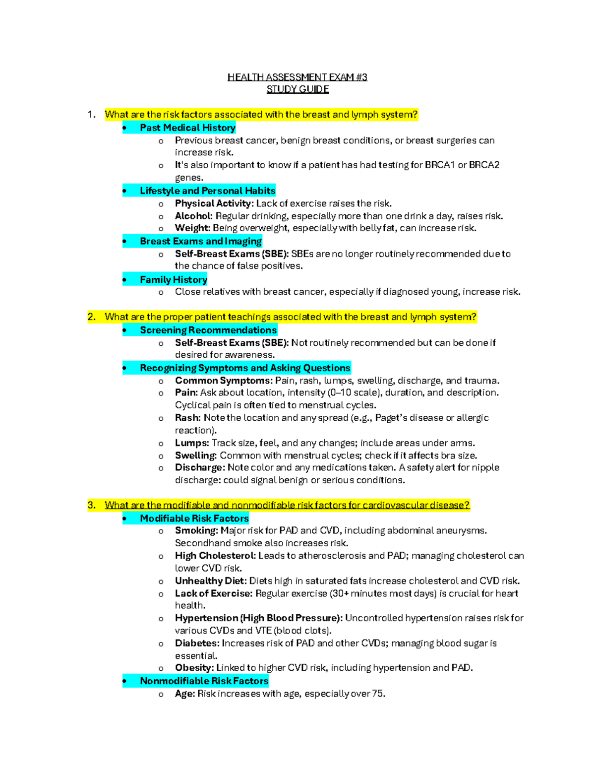 Health Assessment Exam #3 Study Guide for Nursing Students (NURS 101 ...
