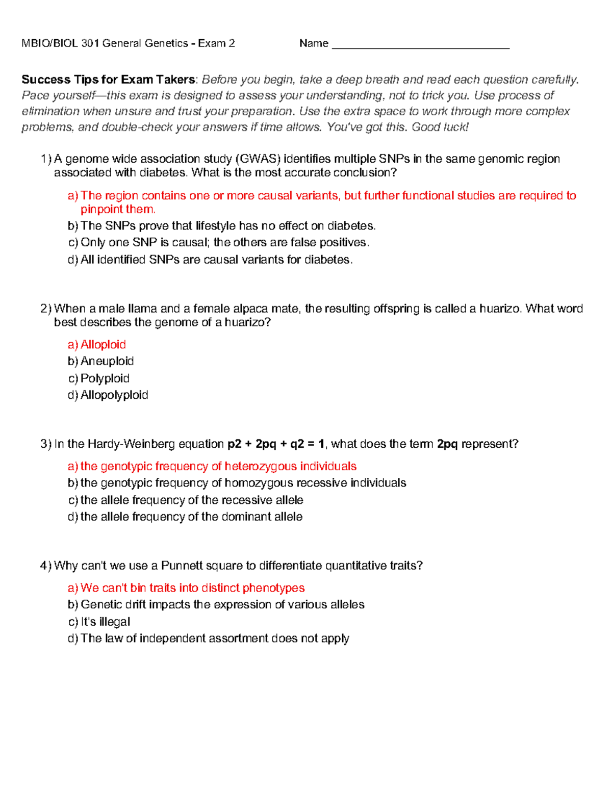 MBIOS 301 General Genetics Exam 2 Study Guide and Tips - Studocu