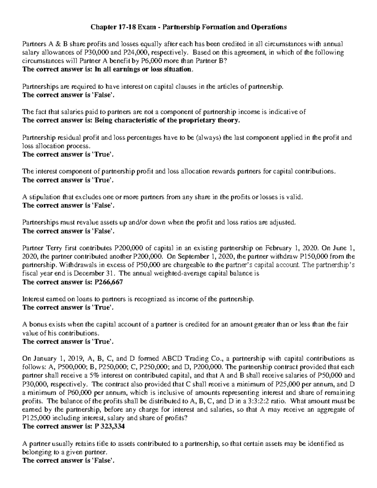 BSA 25C Chapter Exam - Partnership Formation & Operations Notes - Studocu