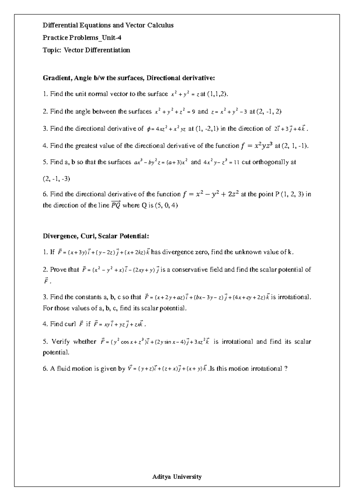 Practice Problems Vector Differentiation - Differential Equations and ...
