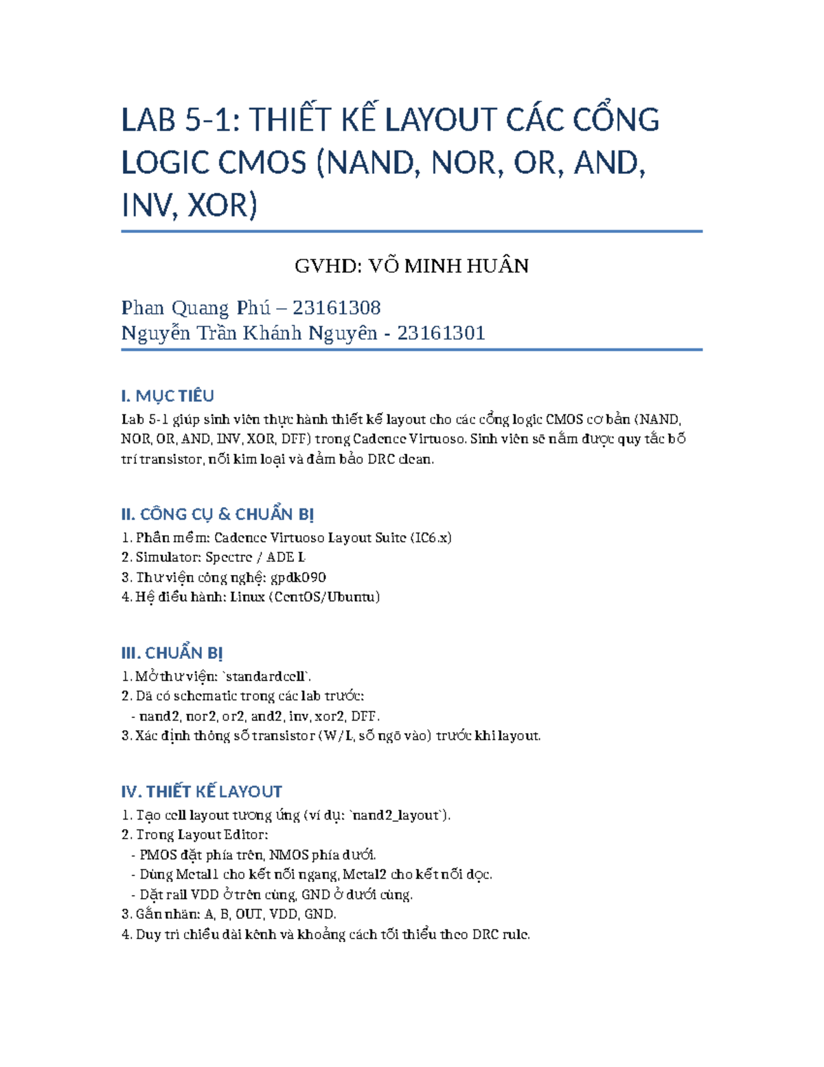 LAB 973645401: Thiết Kế Layout Logic CMOS (NAND, NOR, OR, AND, INV, XOR ...