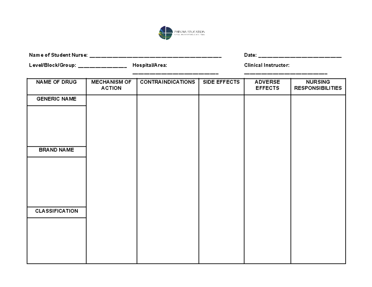 Drug Study Template Short - Nursing - Name of Student Nurse: - Studocu