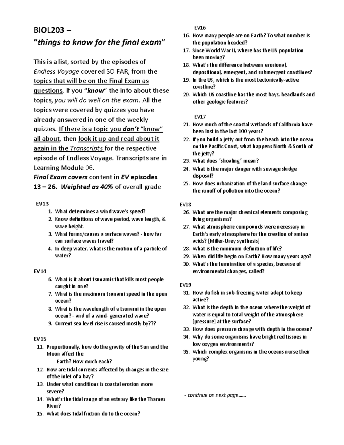 BIOL203 - Final Exam Study Guide - Studocu