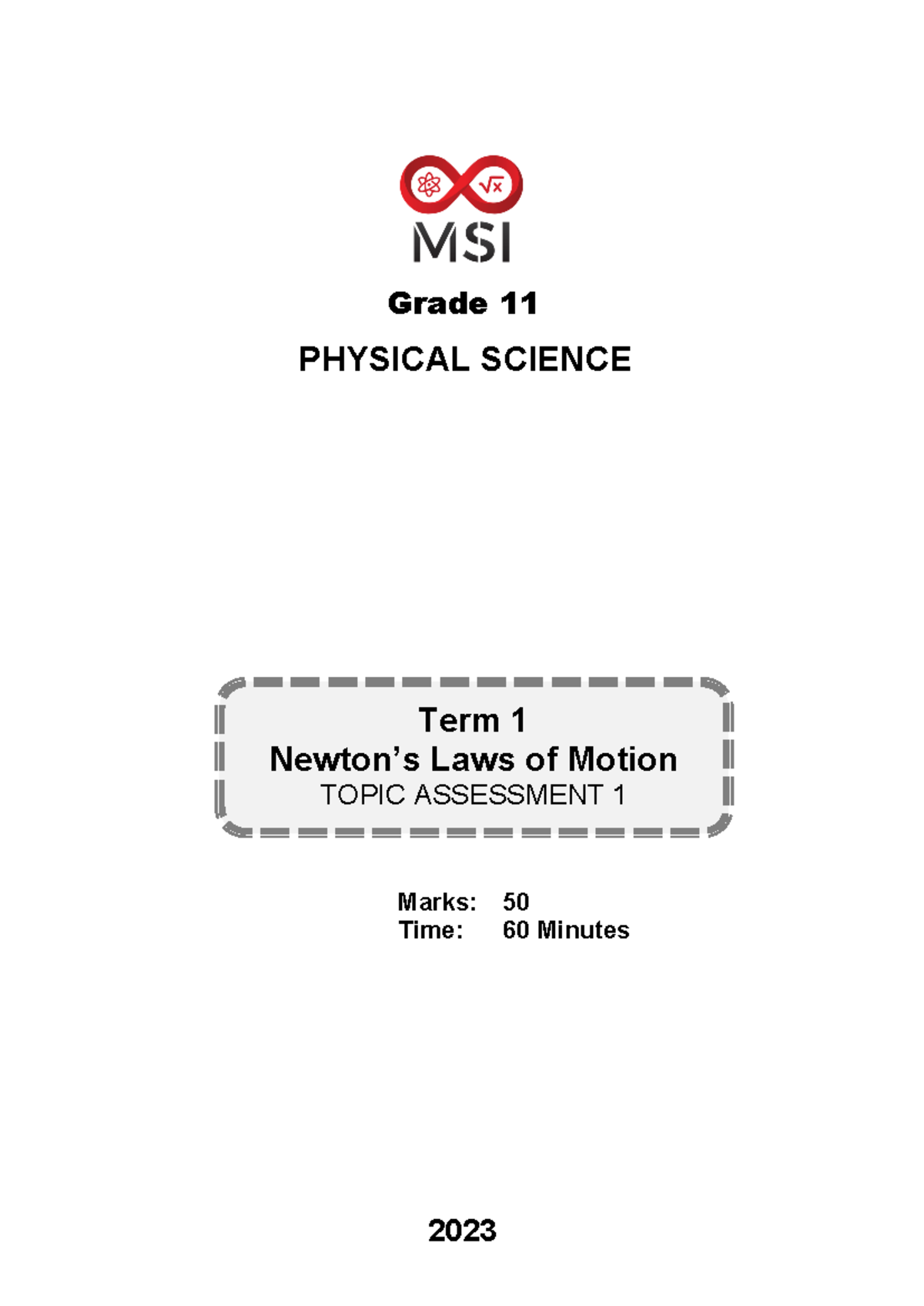Grade 11 PHYSICAL SCIENCE Term 1 Topic Test 2: Newton's Laws of Motion ...
