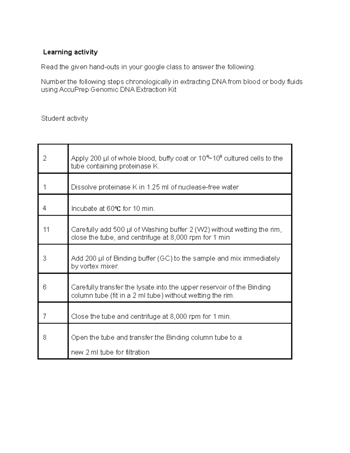 Lab Activity 3: Chronological Steps for DNA Extraction Procedure - Studocu