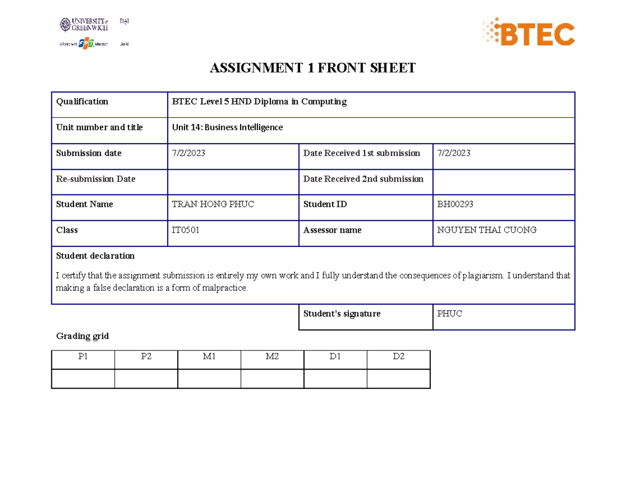 Unit 14 - Assignment 1 Frontsheet: Business Intelligence Overview - Studocu