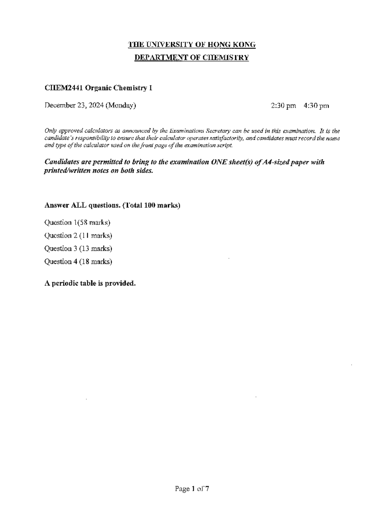 CHEM2441 Organic Chemistry I Final Exam Guidelines and Questions - Studocu