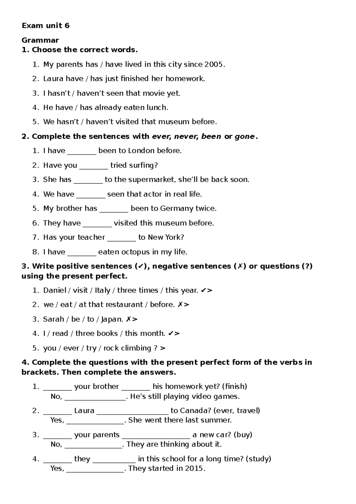Examen Unit 6: Grammar Practice and Vocabulary Exercises - Studocu
