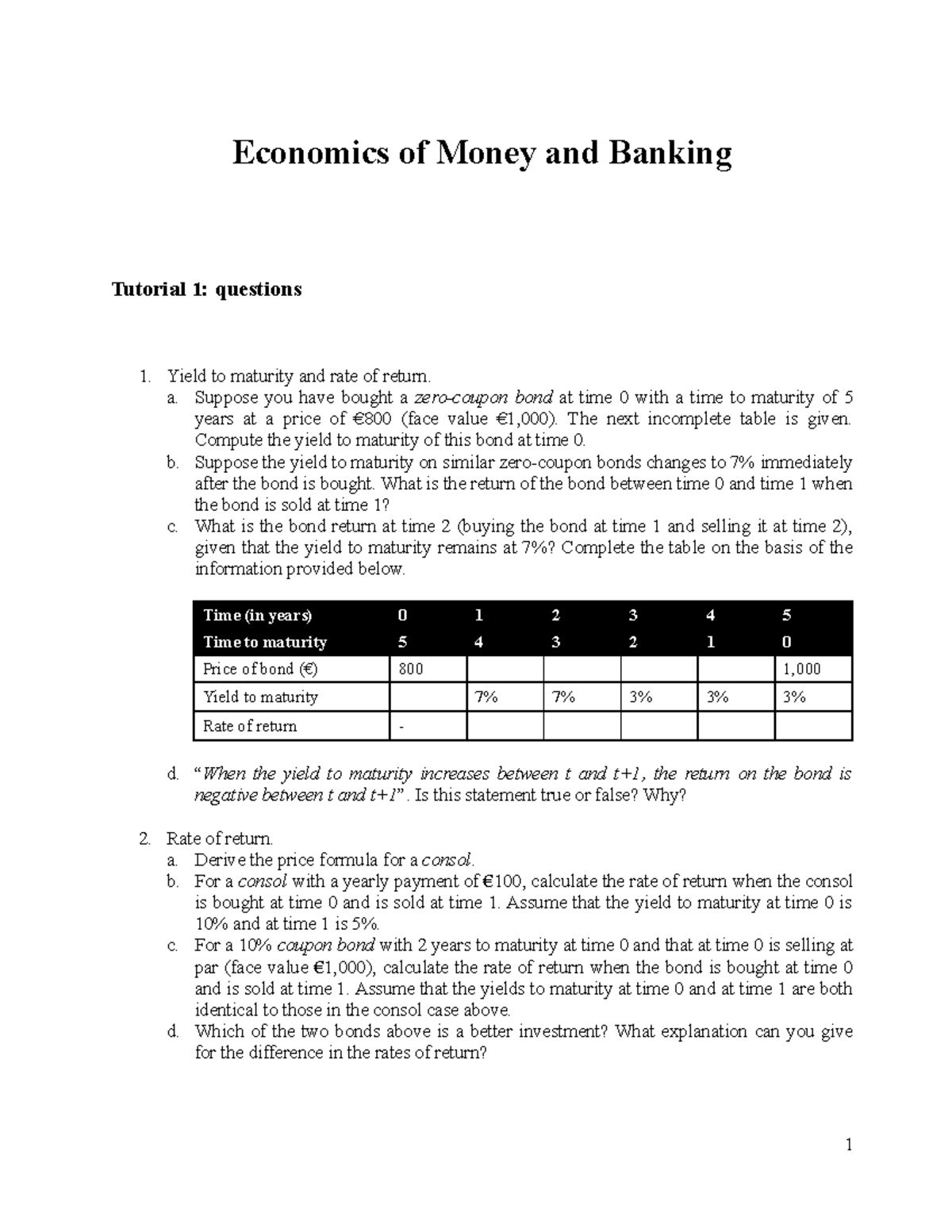 Economics of Money and Banking - Tutorial 1 Questions - Studeersnel