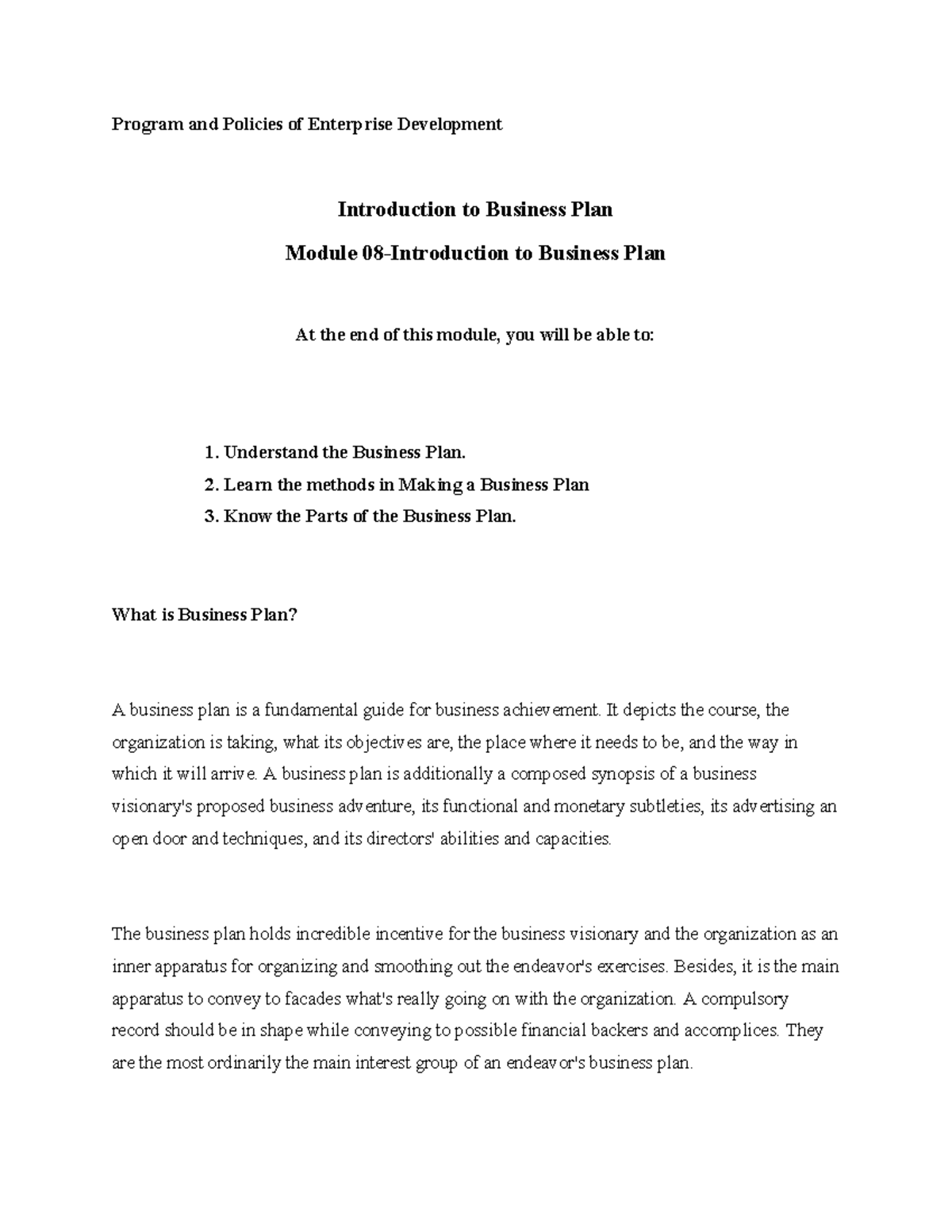 Week 8 Module: Introduction to Business Plan Essentials - Studocu