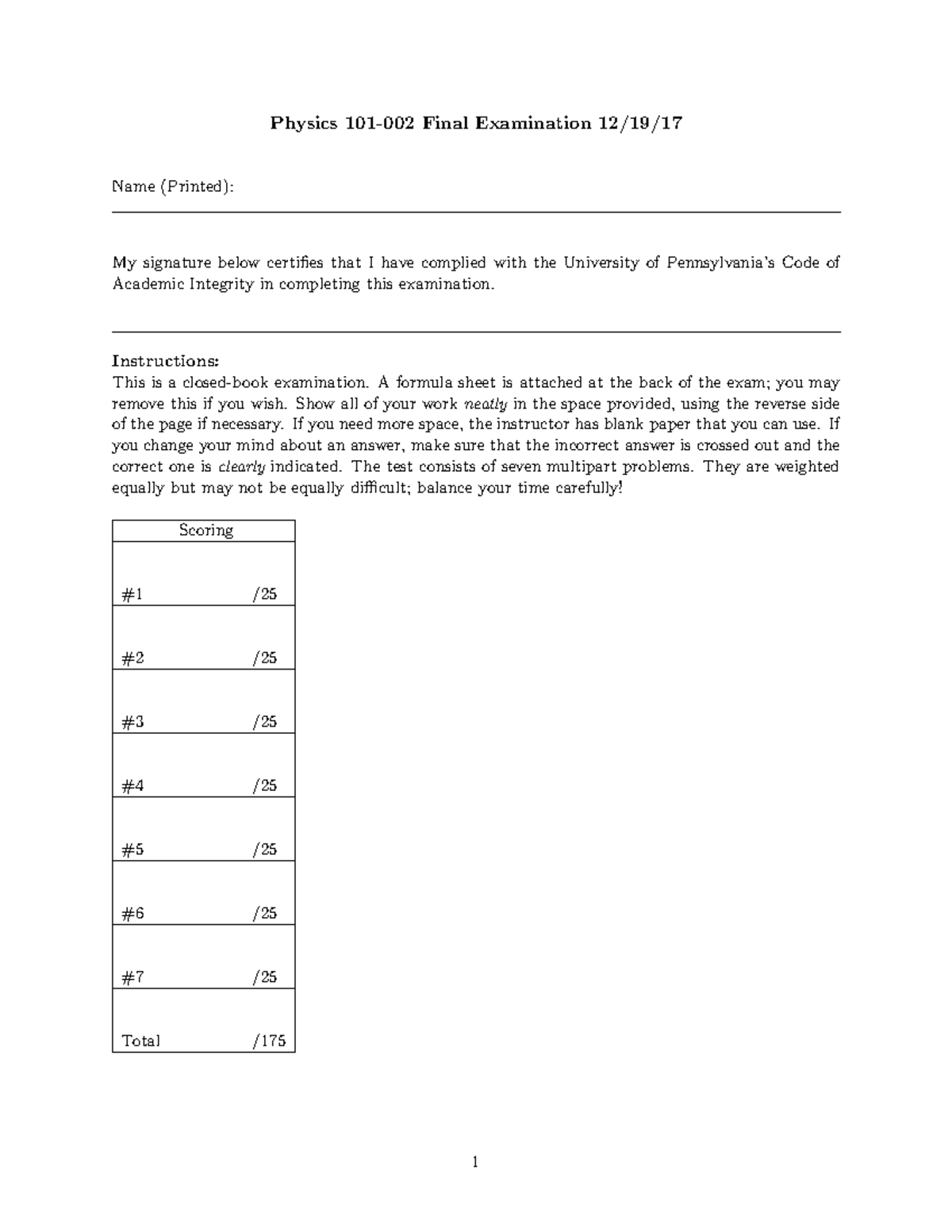 Final Exam: PHYS101-002 Full Coverage & Sample Problems, Fall 2017 ...