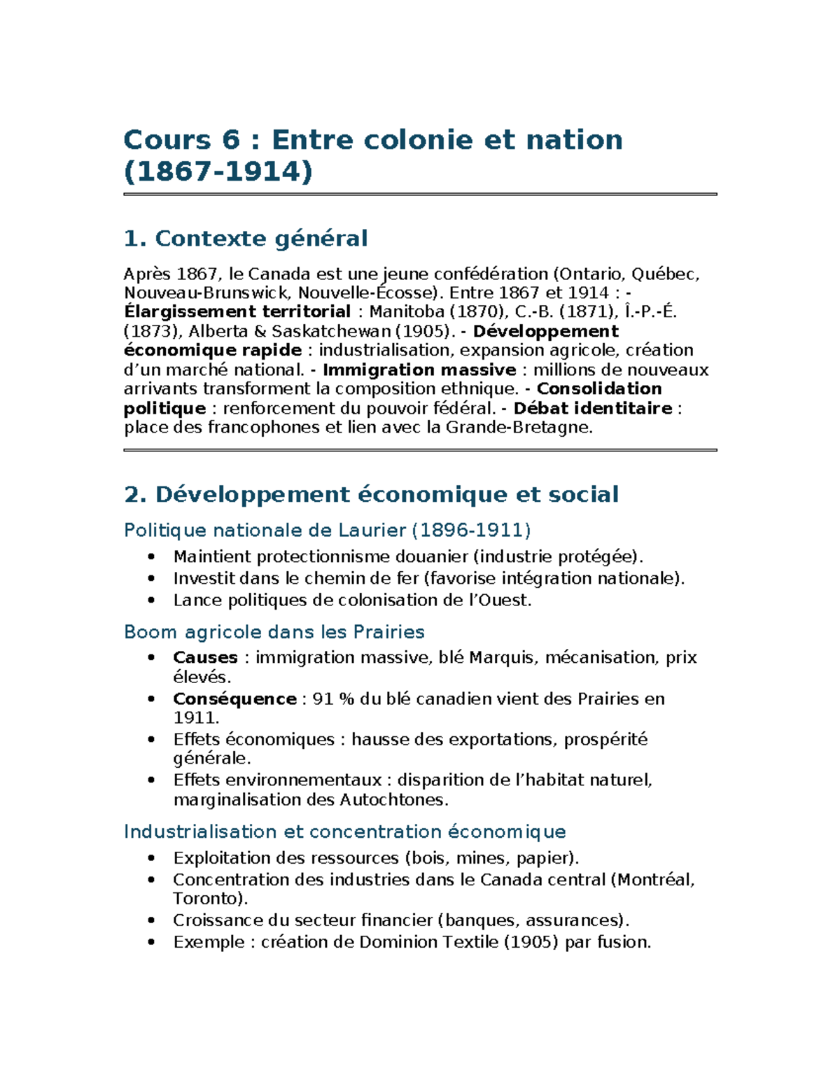 Cours 6 : Résumé Complet sur le Canada entre Colonie et Nation - Studocu
