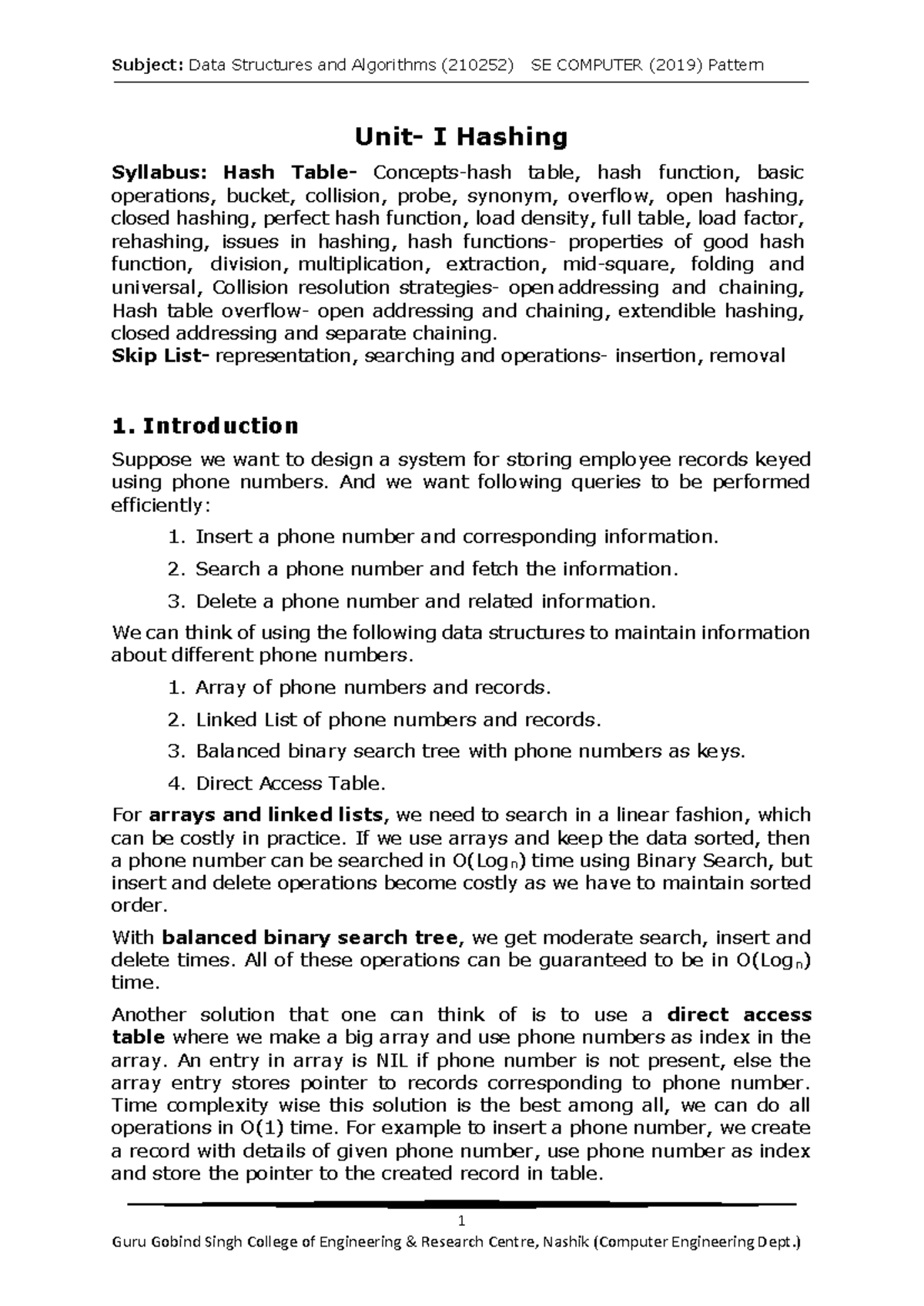 DSA Notes: Unit-I on Hashing Concepts and Techniques - Studocu
