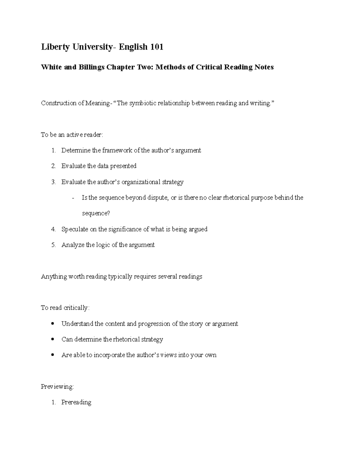 English Chapter Two Notes - Liberty University- English 101 White and ...