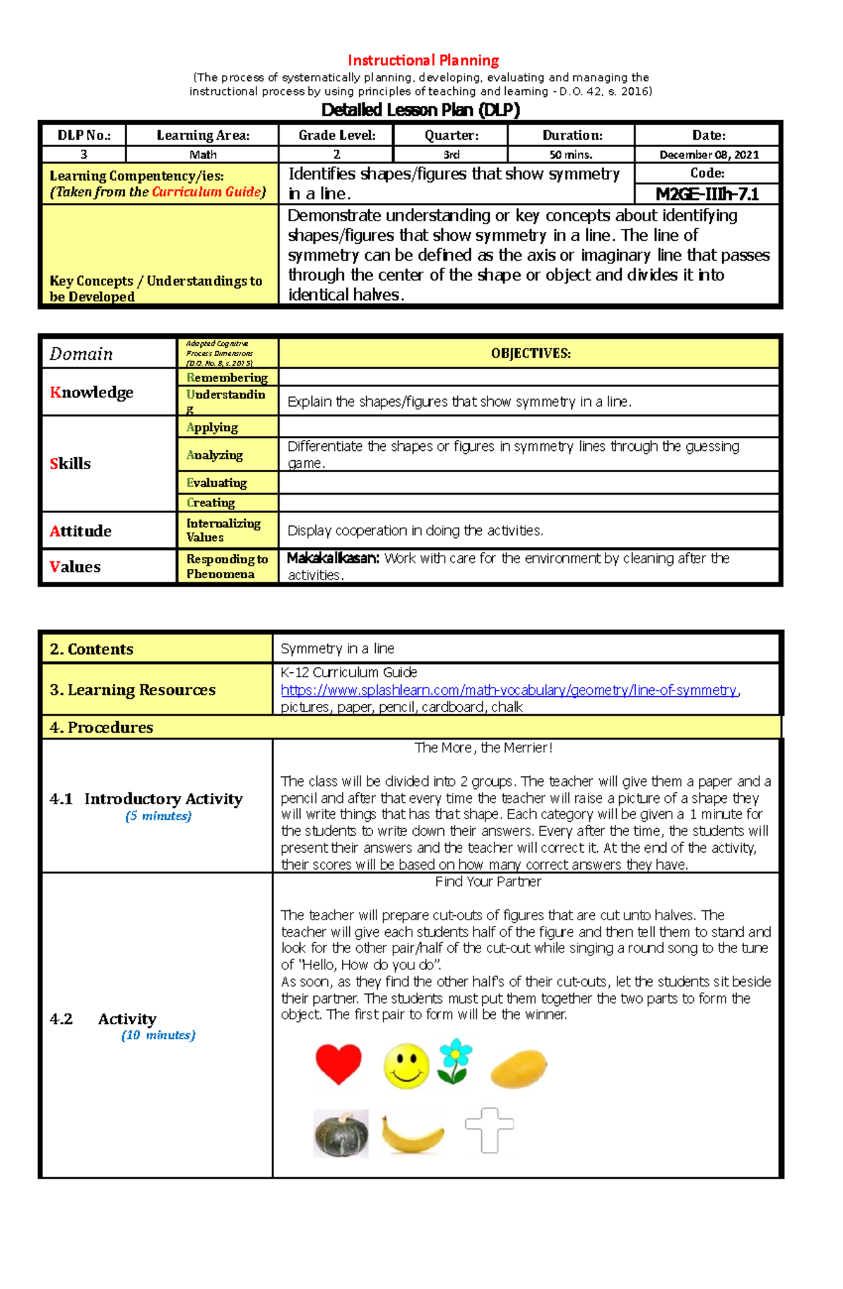 DLP 3 - Detailed Lesson Plan on Symmetry in Math for Grade 2 - Studocu