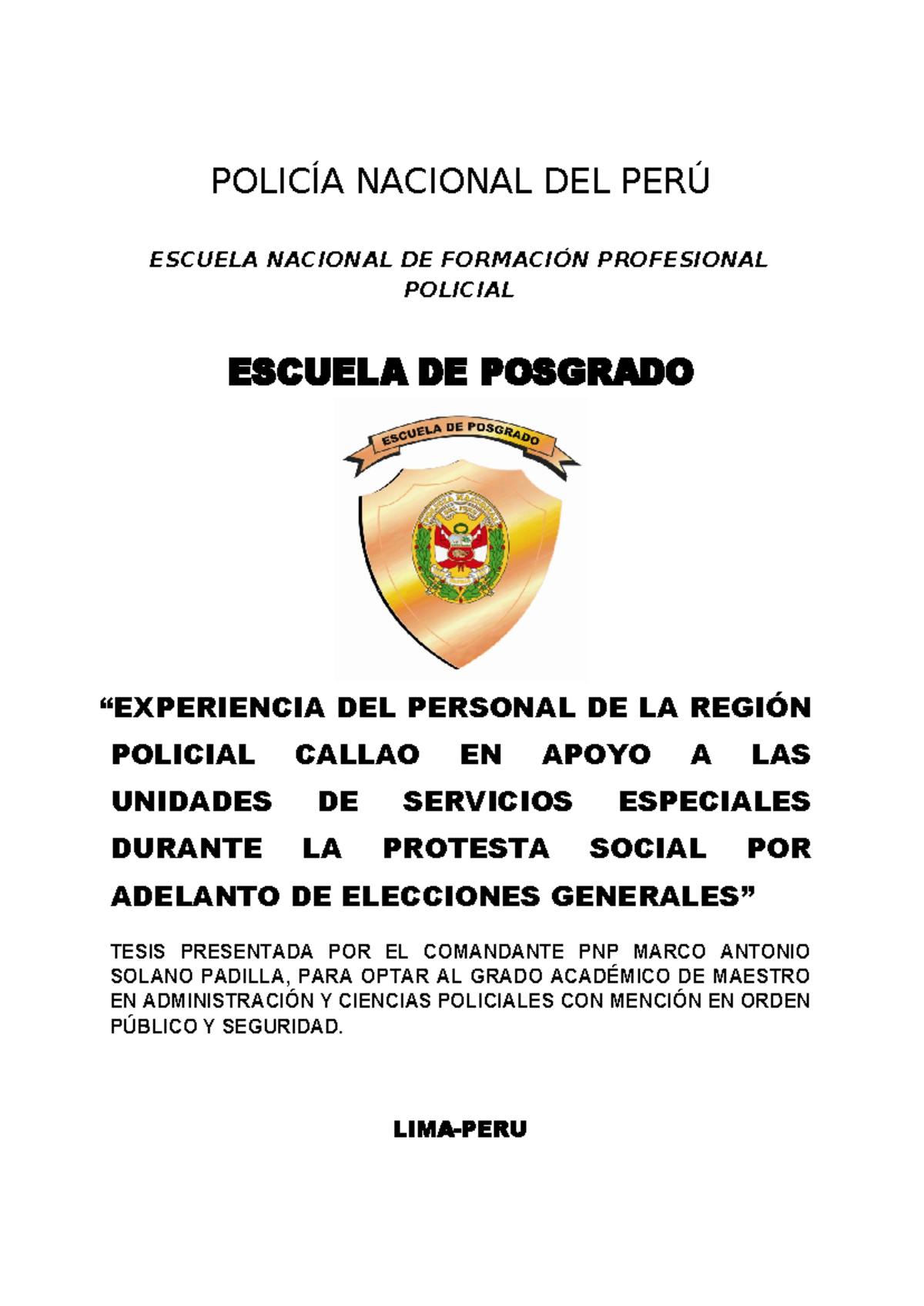 Final Tesis: Experiencias PNP Callao en Protestas Sociales - 03dic23 -  Studocu