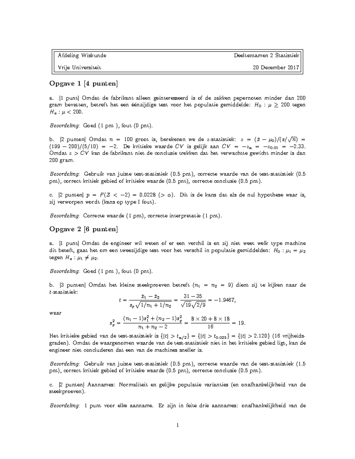 Tentamen 2 Statistiek, Vrije Universiteit - 20 Dec 2017, Vragen ...